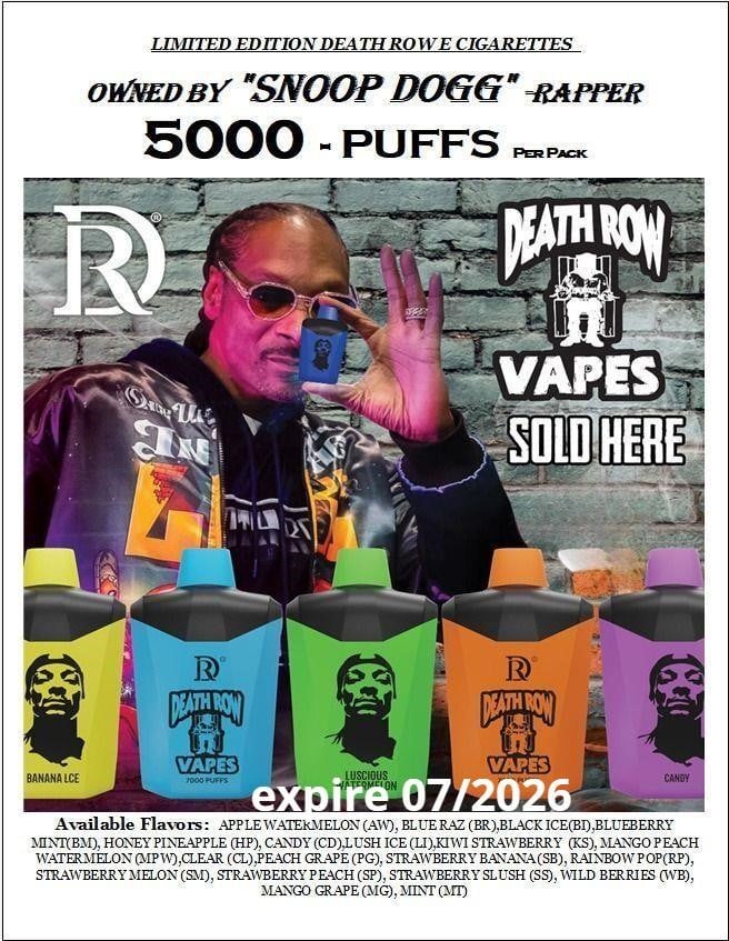5pks Snoop Dogg Death Row Vapes 5000 PUFFS Exp: 07/2026