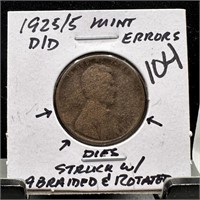 1925/5-D/D WHEAT PENNY CENT ABRAIDED DIES