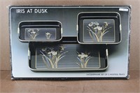 Vtg Iris at Dusk Laquerware Hostess Tray Set