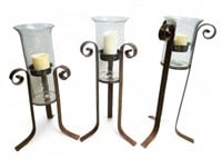 Set of 3 Metal Candleholders w/ Glass Shades.