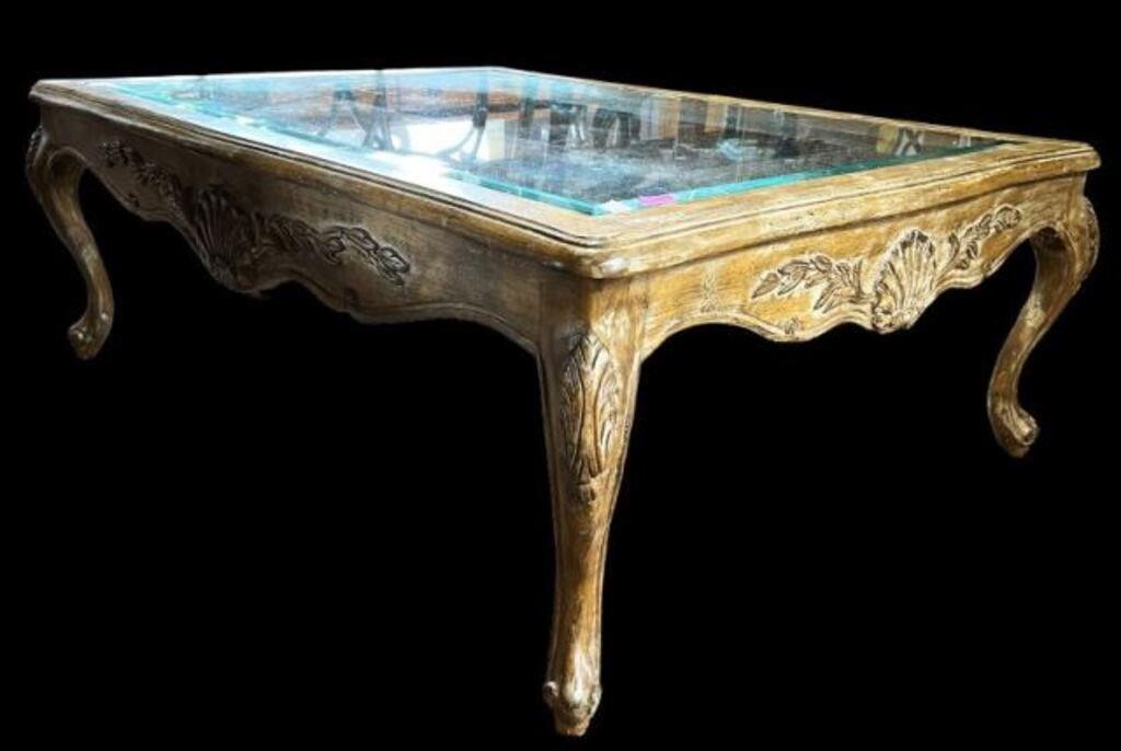 Carved Coffee Table w/ Bevelled Glass Top.