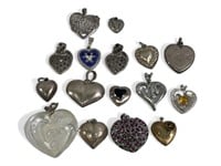 16 Vintage .925 & Sterling Silver Heart Pendents