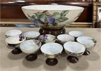 Antique Limoges France Porcelain Punch Bowl and Cu
