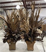Pair of Faux Plants and Feathers in Planters