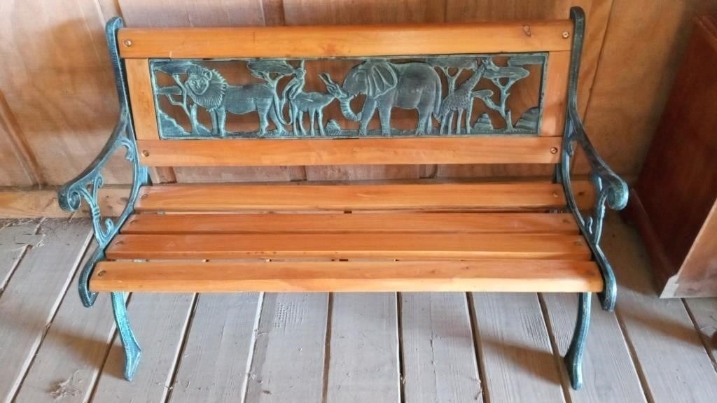 Small Iron and Wooden Bench with Elephants