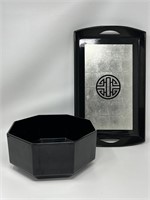 Black Glass Octoganal Bowl, Chinese Tray