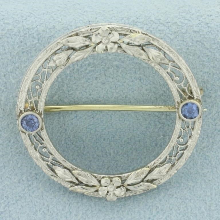 Antique Art Deco Filigree Sapphire Circle Pin in 1
