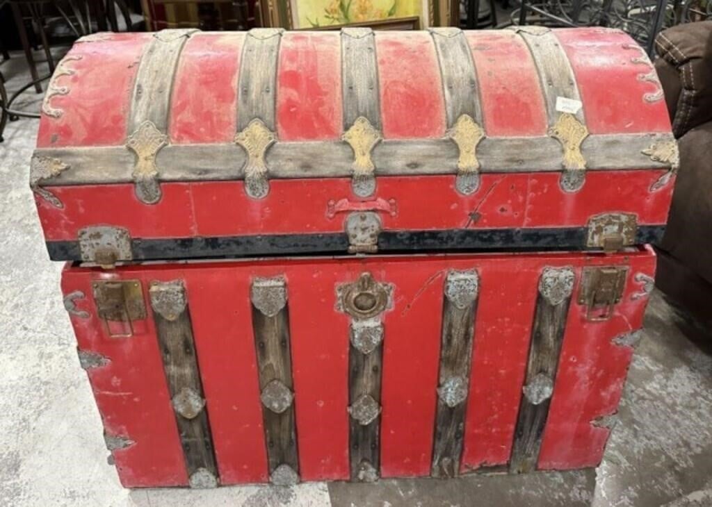 Antique Red Painted Dome Top Streamer Trunk