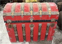 Antique Red Painted Dome Top Streamer Trunk