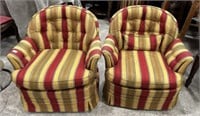 Pair of Striped Upholstered Swivel Arm Chairs