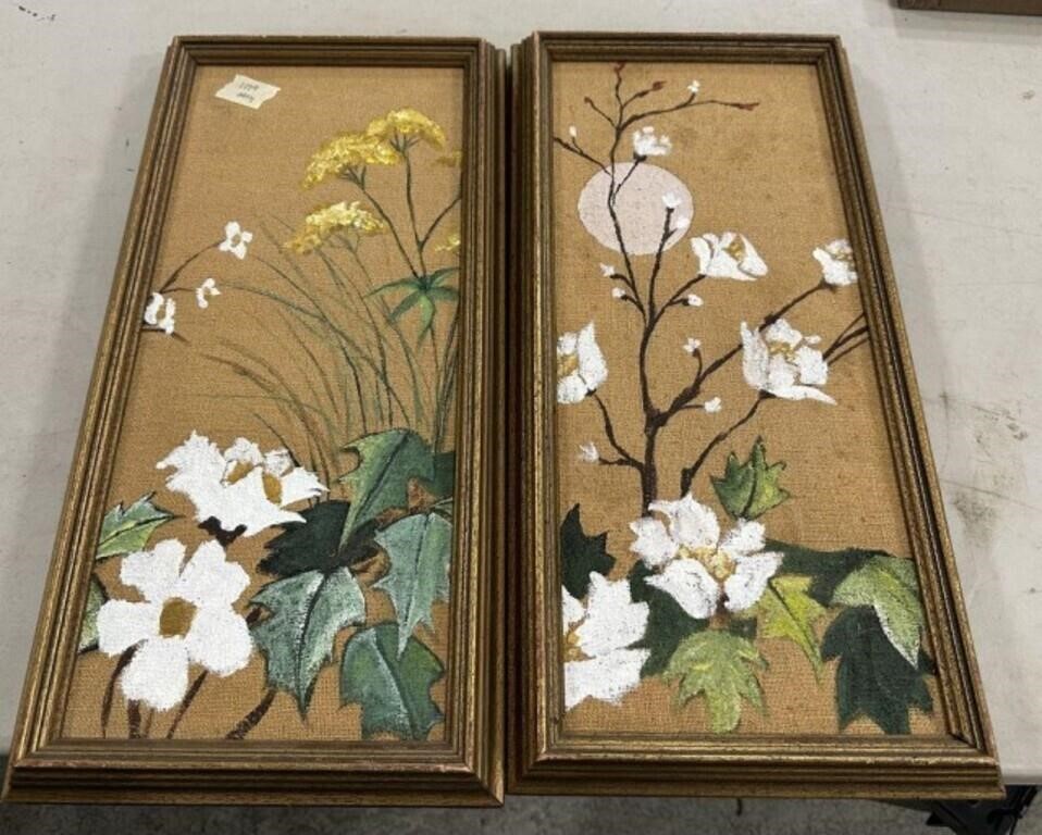 Pair of Flower Painted Burlap