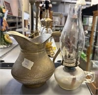 India Brass Etched Pitcher and Glass Oil Lamp