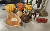 Ceramic Owls, Leaf Dish, and candle holder