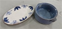 Signed Pottery Platter and Stoneware Blue Pot
