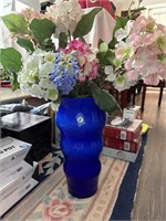 LARGE PRETTY BLUE VASE WITH FAUX FLOWERS
