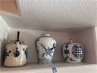 BLUE & WHITE TEA POT, VASE & GINGER JAR
