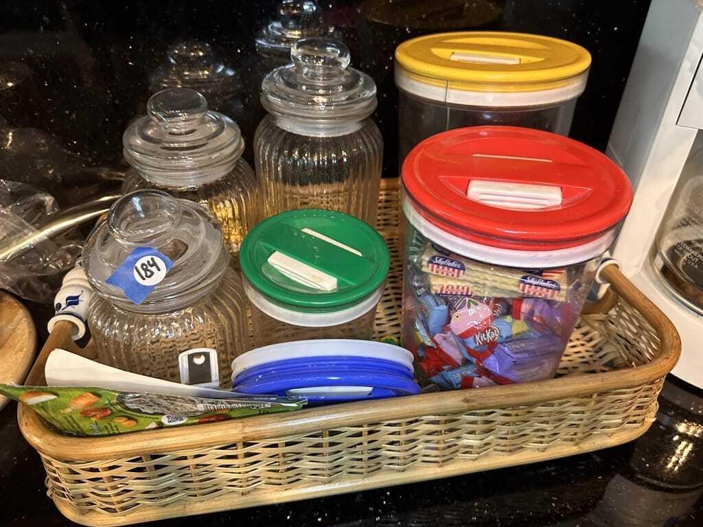 BASKET OF JARS & CONTAINERS