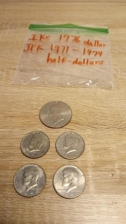 1976 Ike Coin, JFK 1971 & 1974 Half Dollars