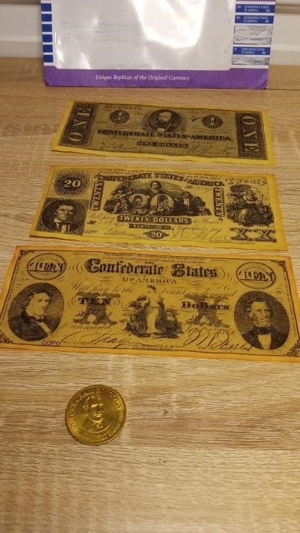 Replica Lincoln & 3 Confederate Currency Replicas