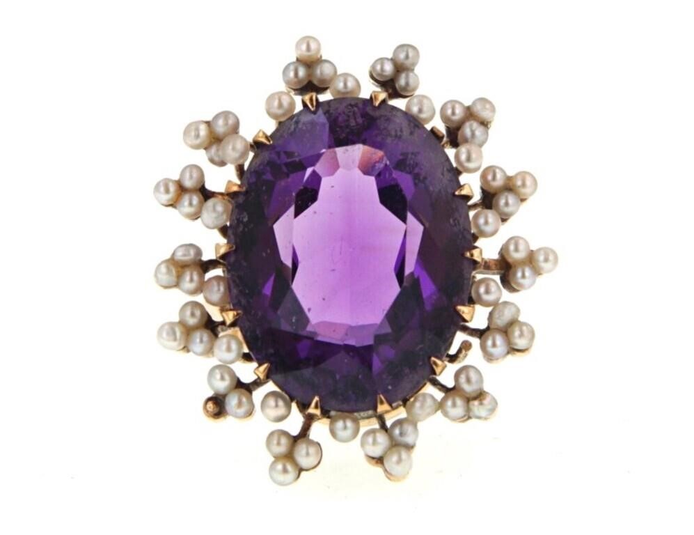 Estate 14K Yellow Gold Amethyst & Seed Pearl Ring