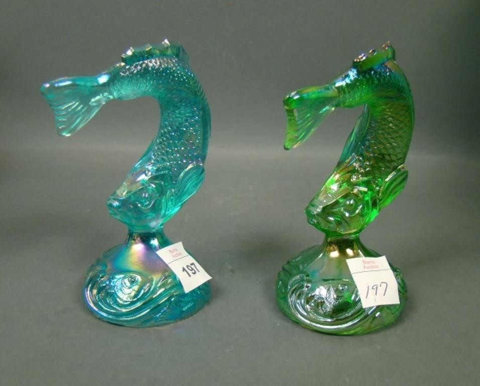 2 Fenton Green Jumping Trout Paperweights