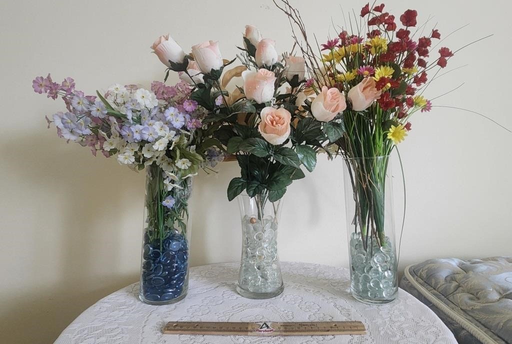 3 Vases with Artificial Flowers