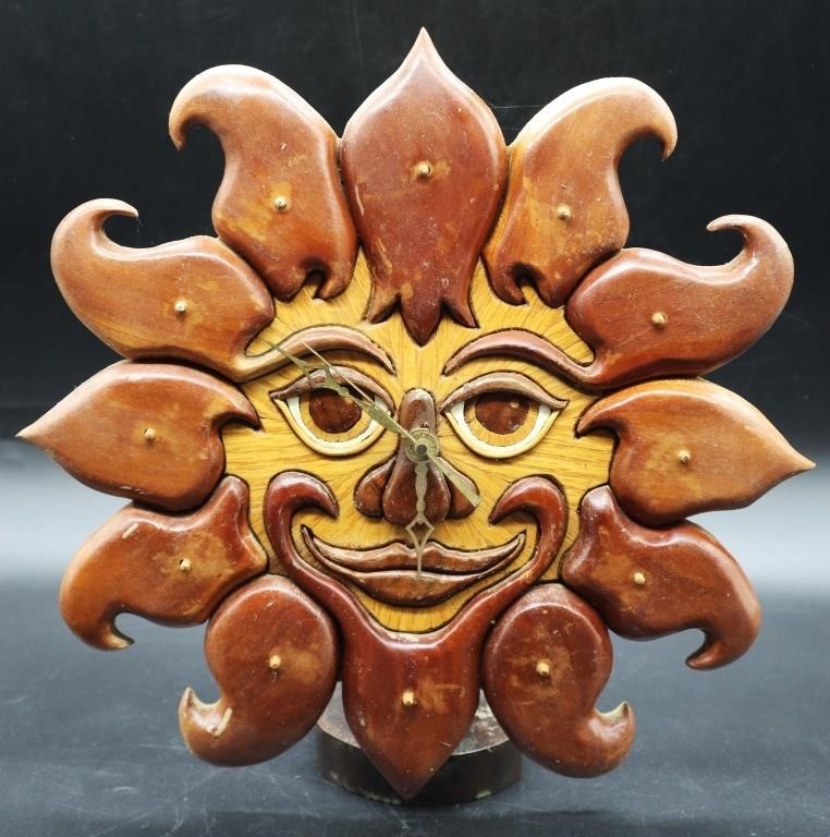Hand Crafted Wood Intarsia Sun Face Clock