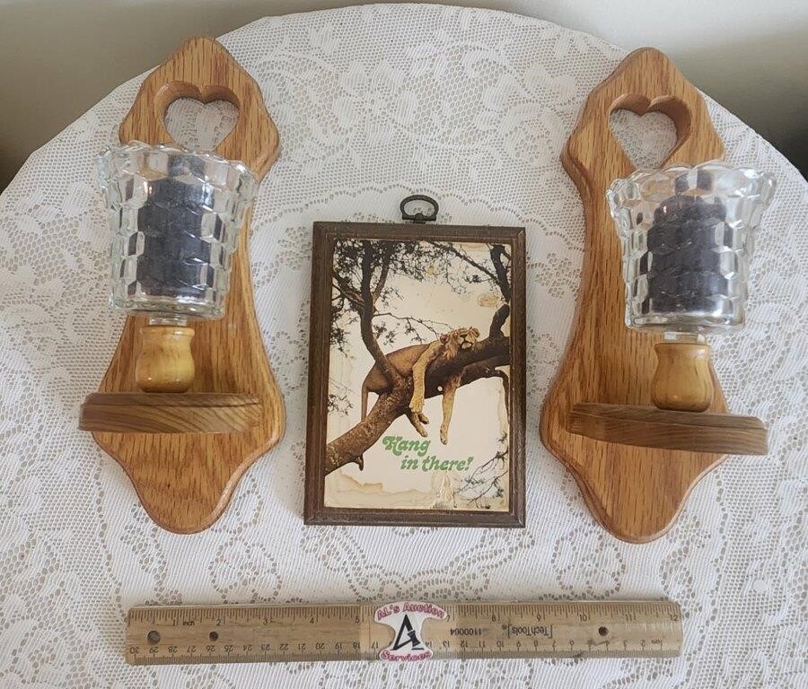 Wooden Sconces & Hang in there Wall Art