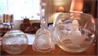 Etched Glass Vase & Crystal Bell