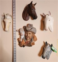 5pc Horse Heads & Cowboy Ceramic Wall Hangings