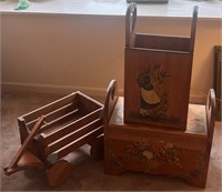 Wooden Wagon, Foot stool,& Magazine Rack