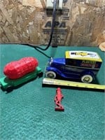 Planters die cast bank,plastic toy,and whistle