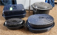 Lot of granite ware roasters and pots
