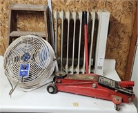 Fan, heater, jack and step ladder