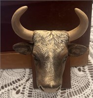 Ceramic Bull Head Mounted on Wooden Plaque
