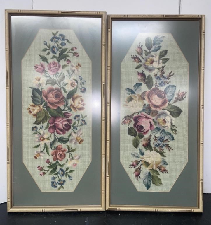 Pair of needlepoint floral art pieces. Approx.
