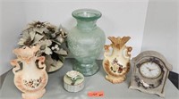 Assorted Vases and artificial flowers, clock and