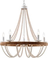 Wood Beaded Chandelier 5 Lights Boho Candle French