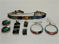 Sterling Bracelet w Colorful Inlaid Stones 7” ++