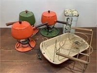 Box retro fondue pots, sugar canister,