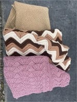 3 crocheted blankets - approx. brown 39x25, pink