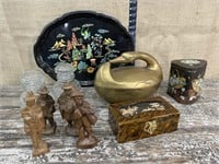 Oriental tray, brass goose, wooden figures etc…