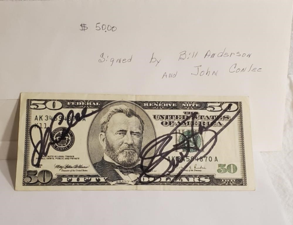 1996 $50 Bill Signed by Bill Anderson, John Conlee