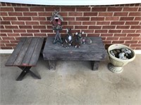 2 Wooden Benches & Assorted Outdoor Decor