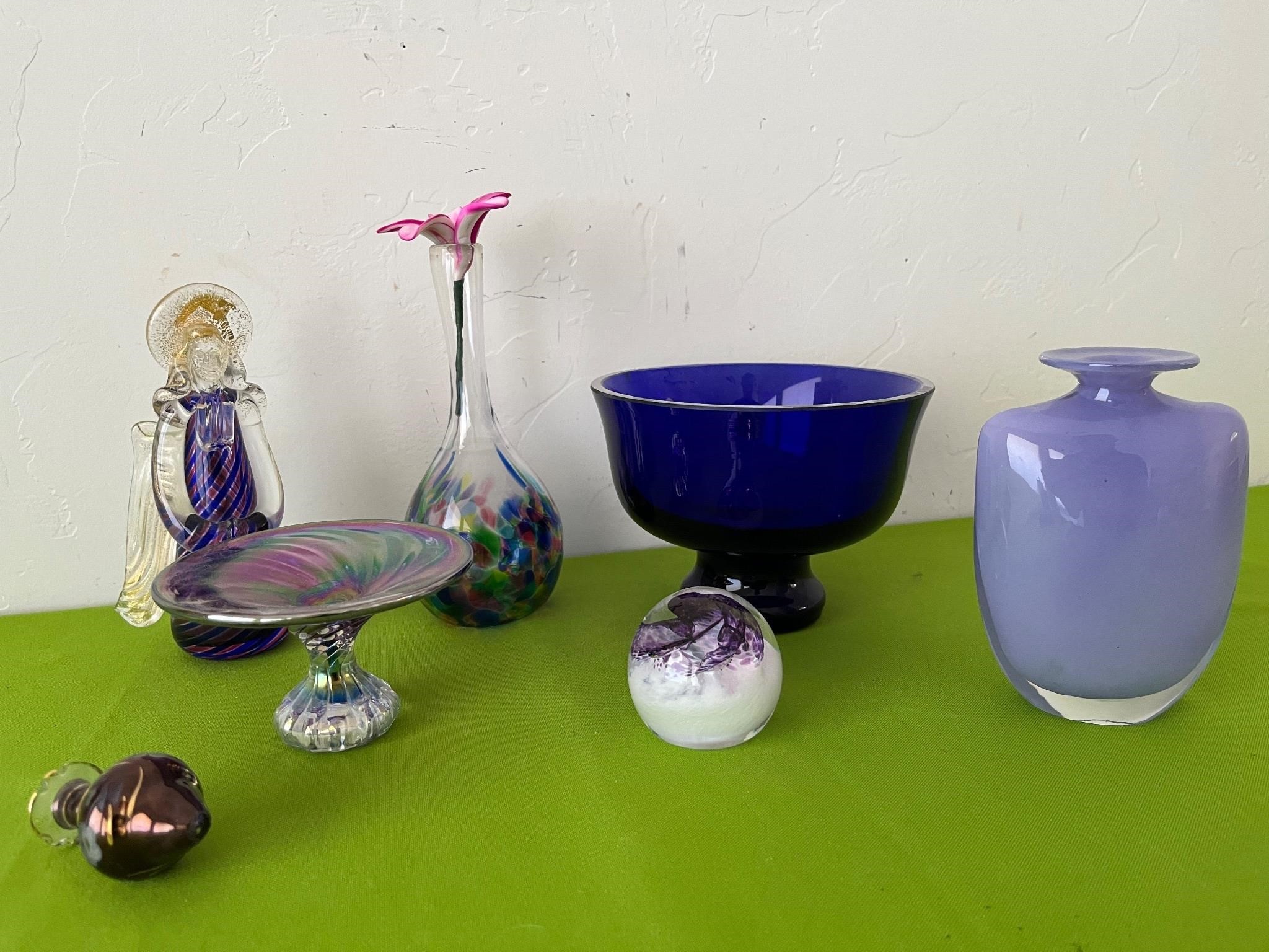 Various Art Glass Items, Vase, Angel, Paperweight