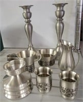 GROUP OF PEWTER, CANDLE STANDS, OIL, CUPS,