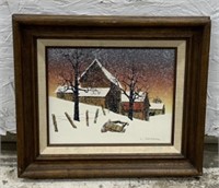 (MC) Framed Canvas Painting Of Snowy Countryside