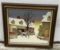 (MC) Framed Snowy Town Scenery Canvas Painting By