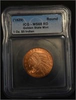 1929 Copper Round $5 Indian ICG MS68 RD