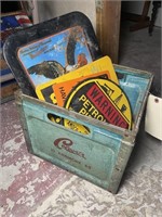 Vintage milk crate with decorator signs